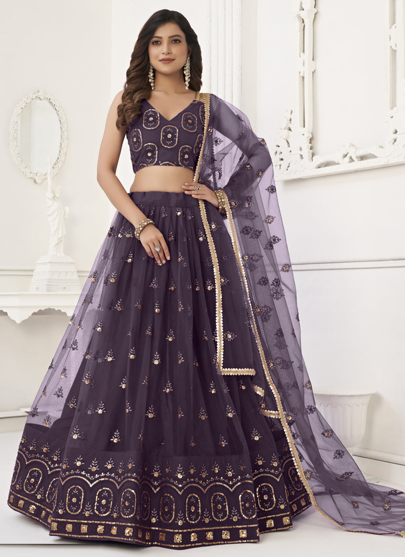 Wine Butterfly Net Embroidery Thread Designer Lehenga
