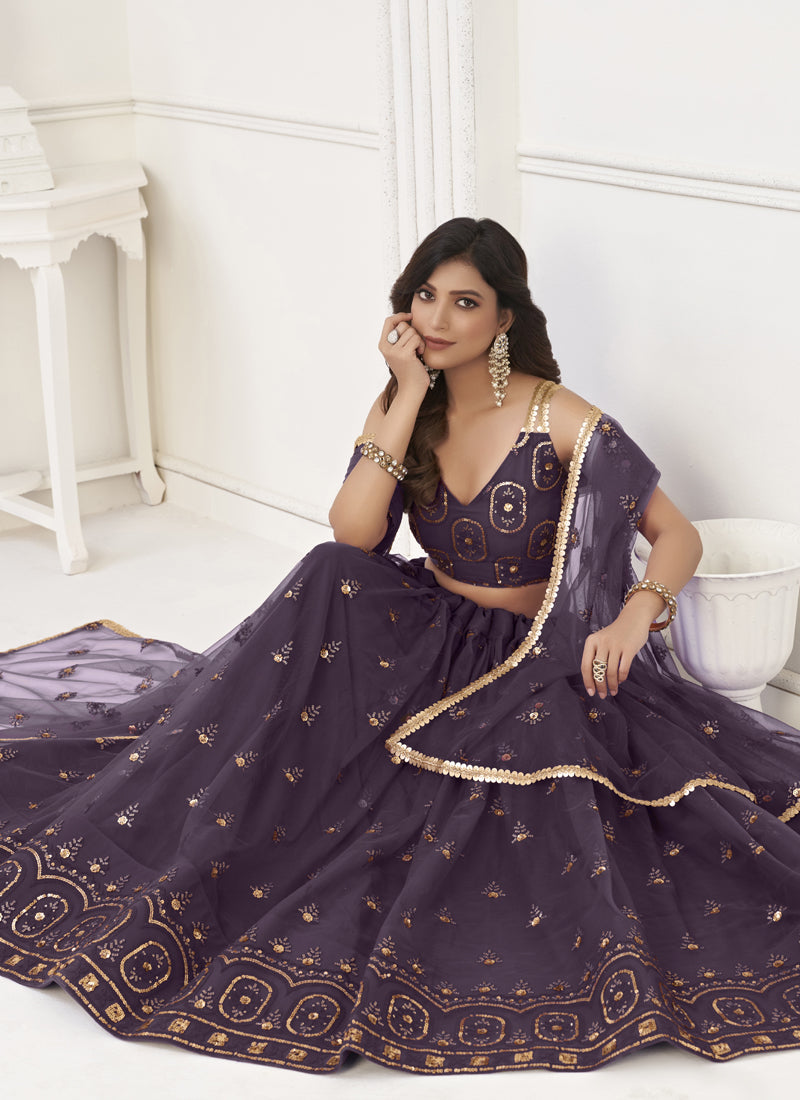 Wine Butterfly Net Embroidery Thread Designer Lehenga