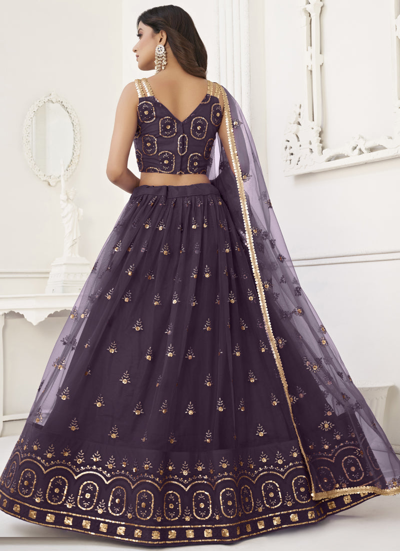 Wine Butterfly Net Embroidery Thread Designer Lehenga