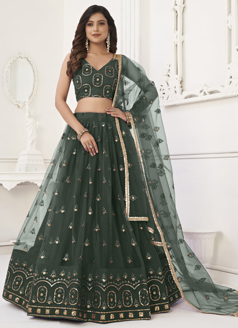 Green Butterfly Net Embroidery Thread Designer Lehenga