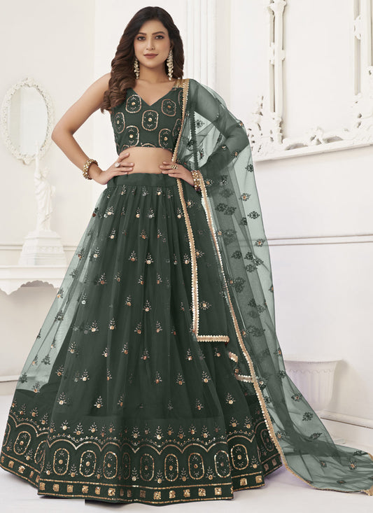 Green Butterfly Net Embroidery Thread Designer Lehenga