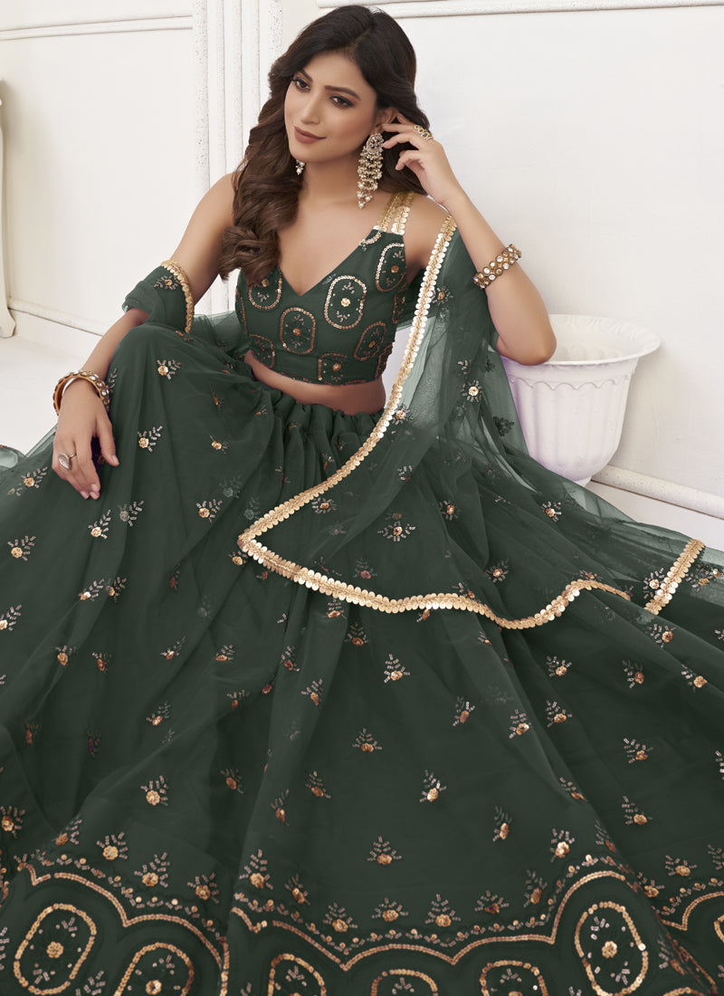 Green Butterfly Net Embroidery Thread Designer Lehenga