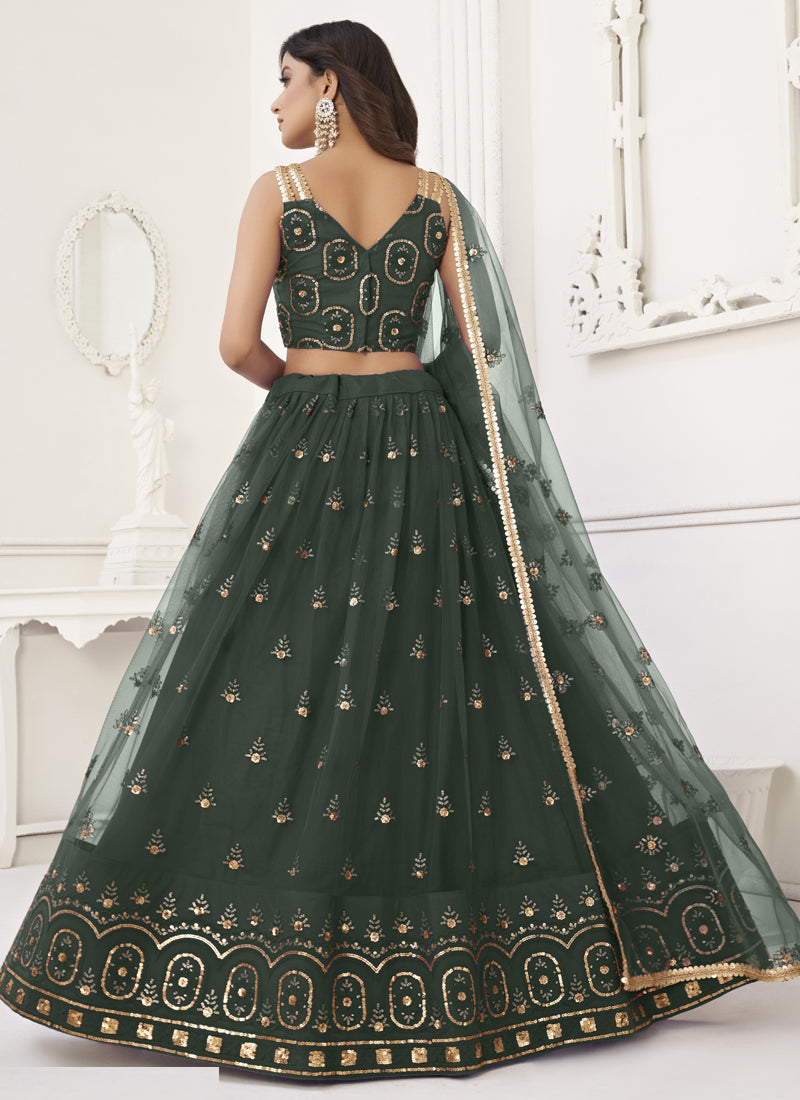 Green Butterfly Net Embroidery Thread Designer Lehenga
