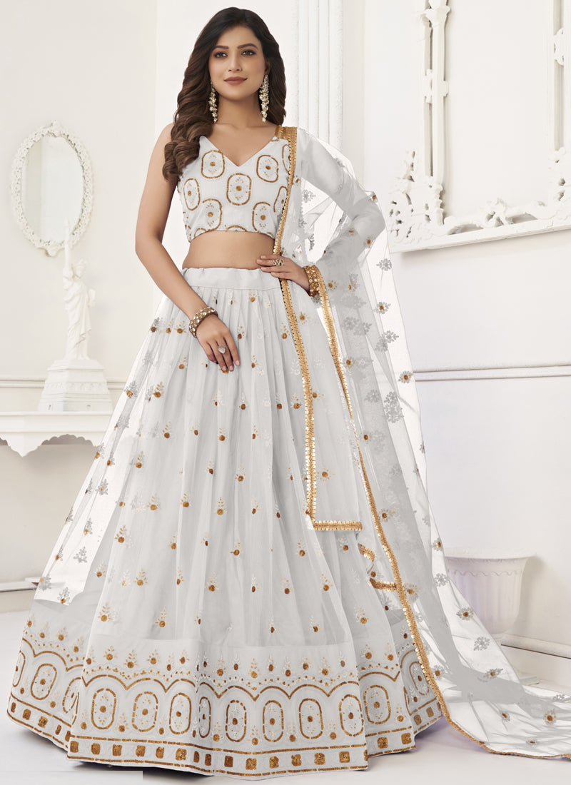 White Butterfly Net Embroidery Thread Designer Lehenga