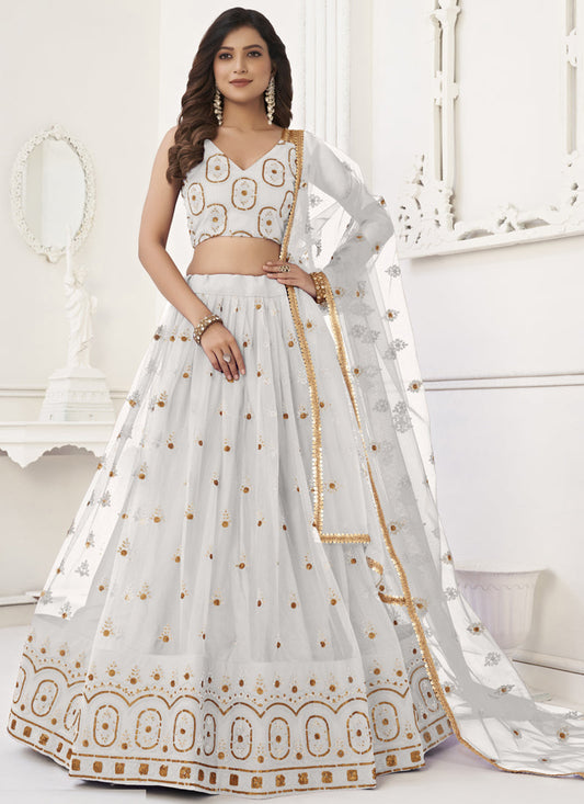 White Butterfly Net Embroidery Thread Designer Lehenga