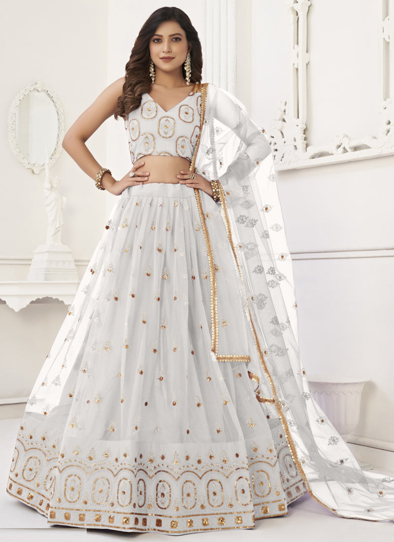 White Butterfly Net Embroidery Thread Designer Lehenga