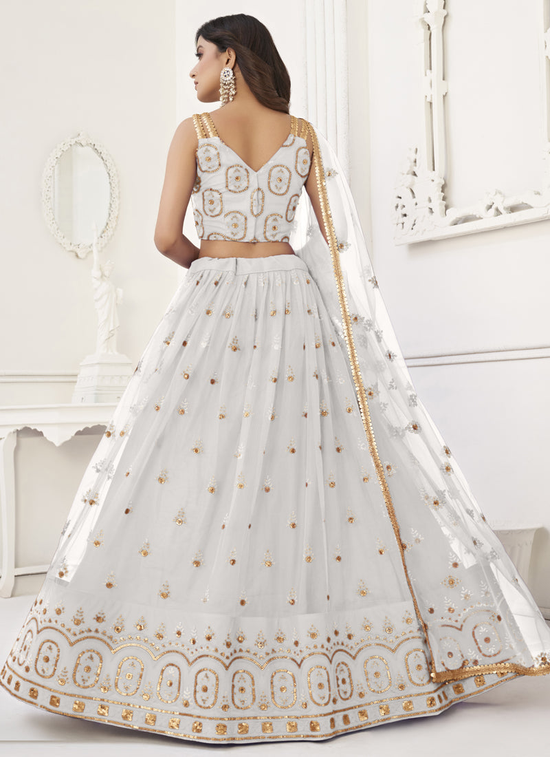 White Butterfly Net Embroidery Thread Designer Lehenga