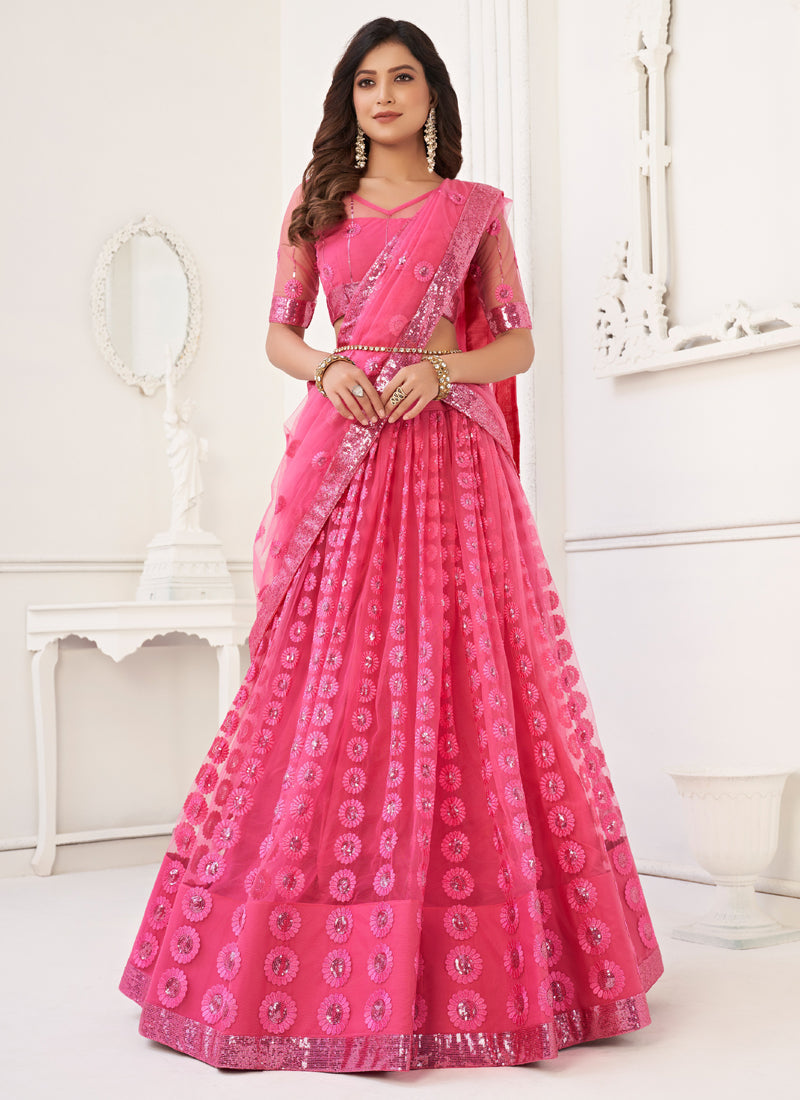 Pink Butterfly Net Embroidery Thread Designer Lehenga