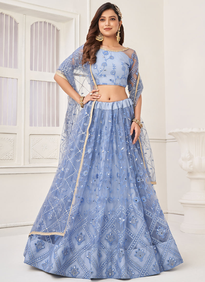 Sky Blue Butterfly Net Embroidery Thread Designer Lehenga