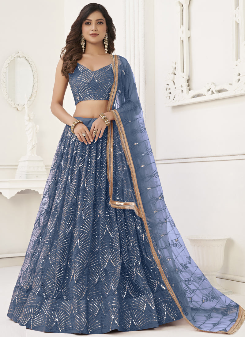 Light Blue Butterfly Net Embroidery Sequins Designer Lehenga