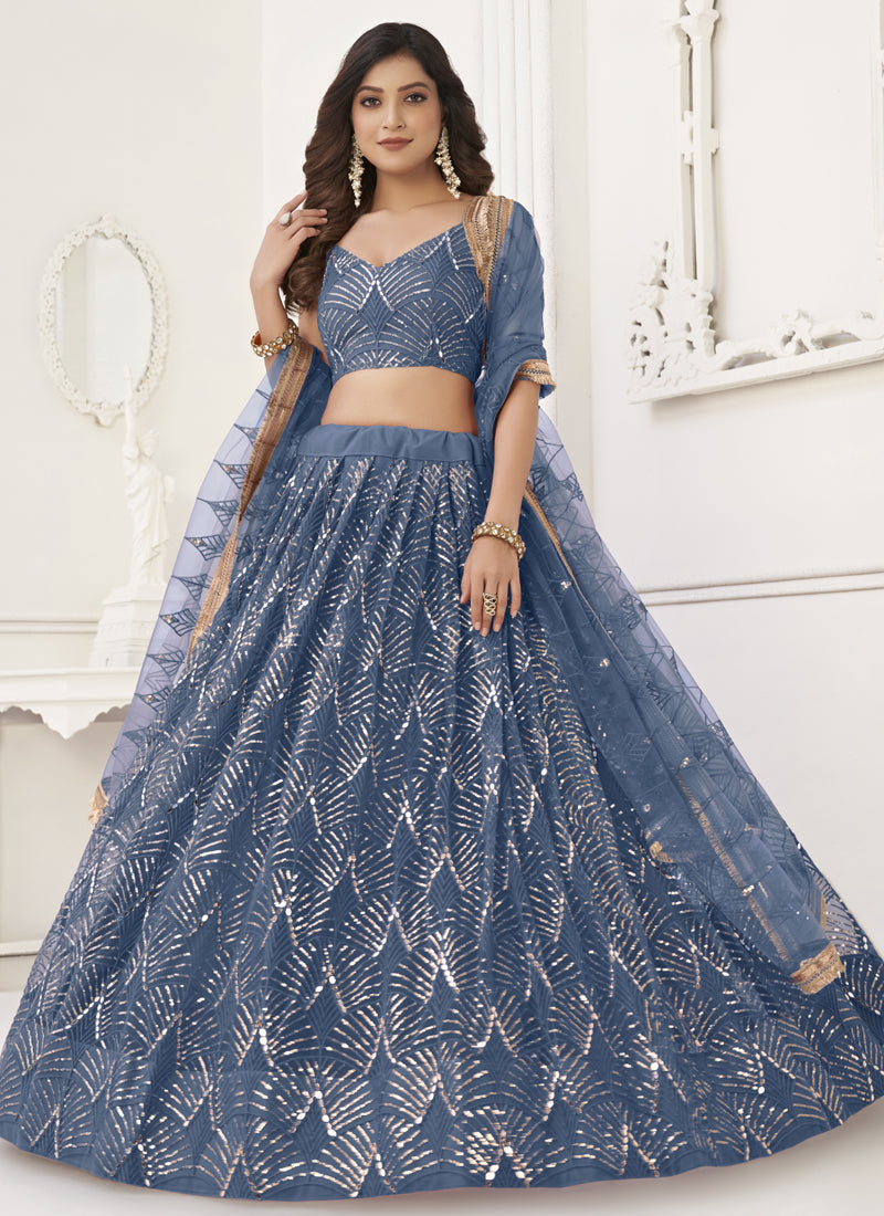 Light Blue Butterfly Net Embroidery Sequins Designer Lehenga