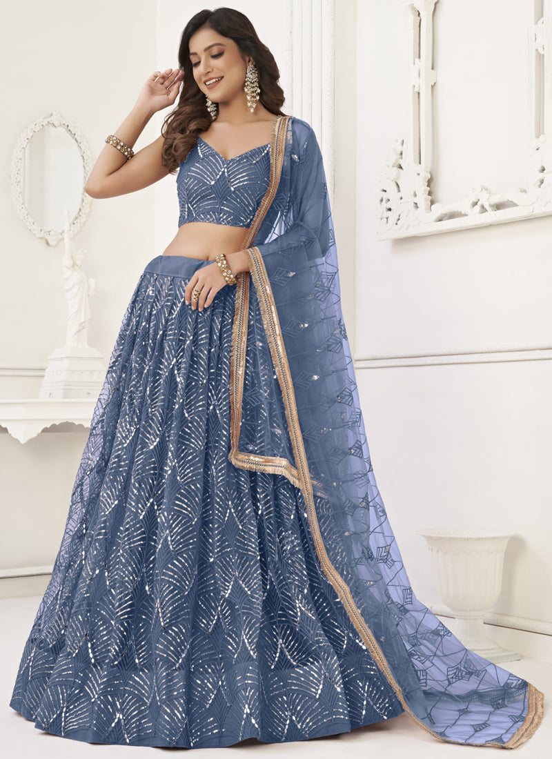Light Blue Butterfly Net Embroidery Sequins Designer Lehenga