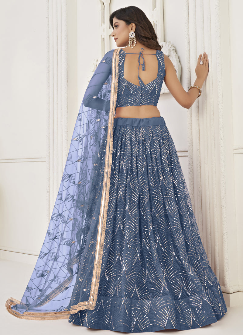 Light Blue Butterfly Net Embroidery Sequins Designer Lehenga