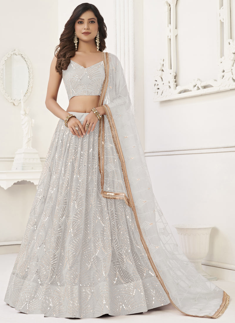 Off White Butterfly Net Embroidery Sequins Designer Lehenga