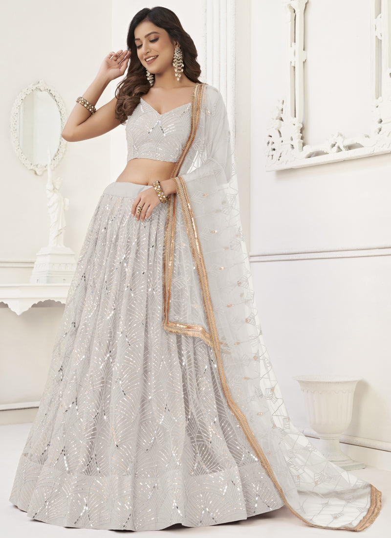 Off White Butterfly Net Embroidery Sequins Designer Lehenga