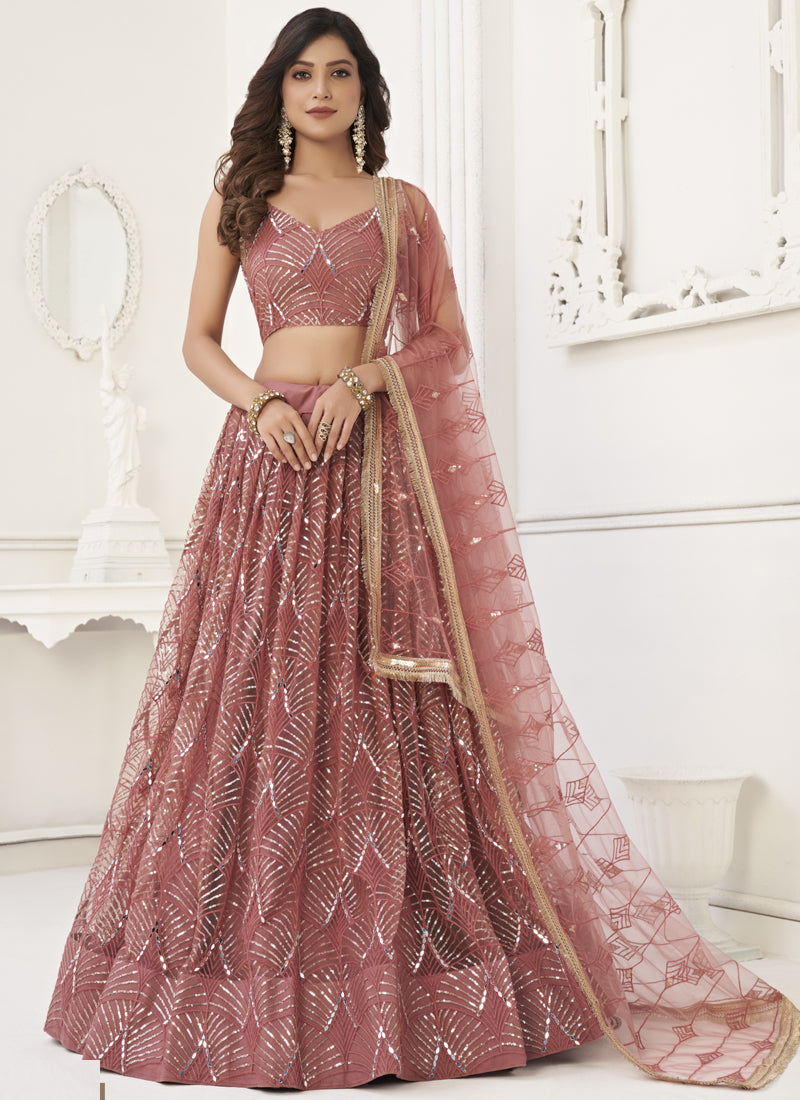 Brown Butterfly Net Embroidery Sequins Designer Lehenga