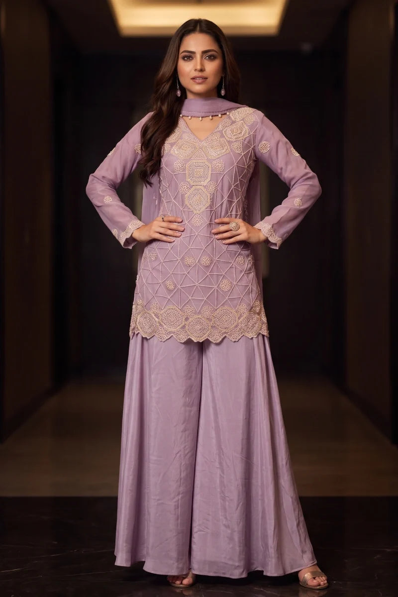 Lavendar Chinon Embroidered & Beads Palazzo Suit