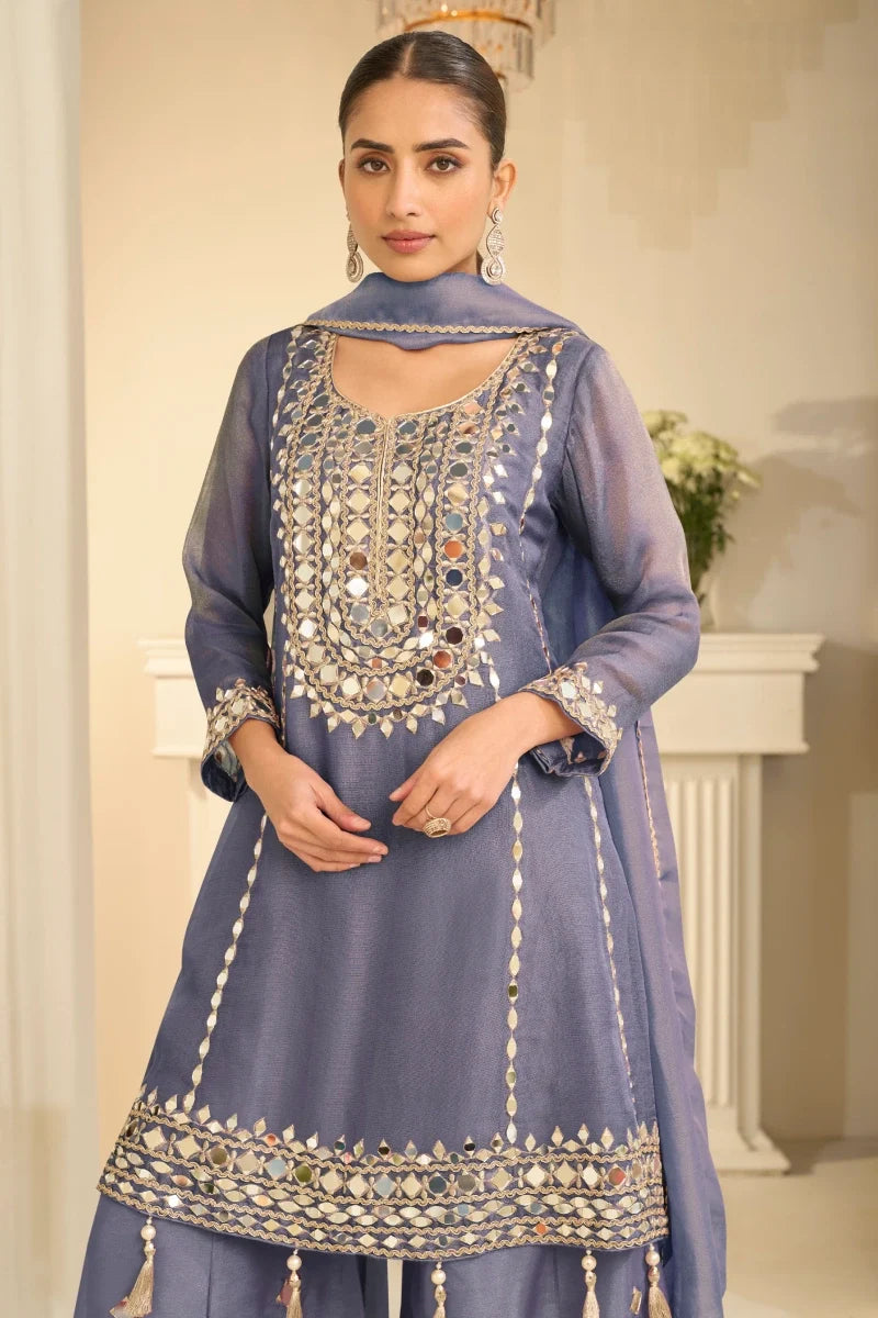 Dusty Blue Shimar Silk Mirror Palazzo Suit