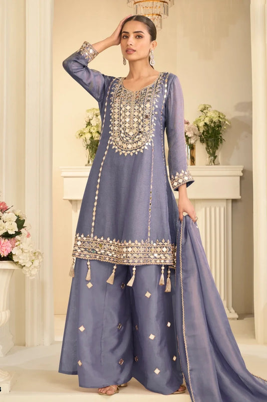 Dusty Blue Shimar Silk Mirror Palazzo Suit