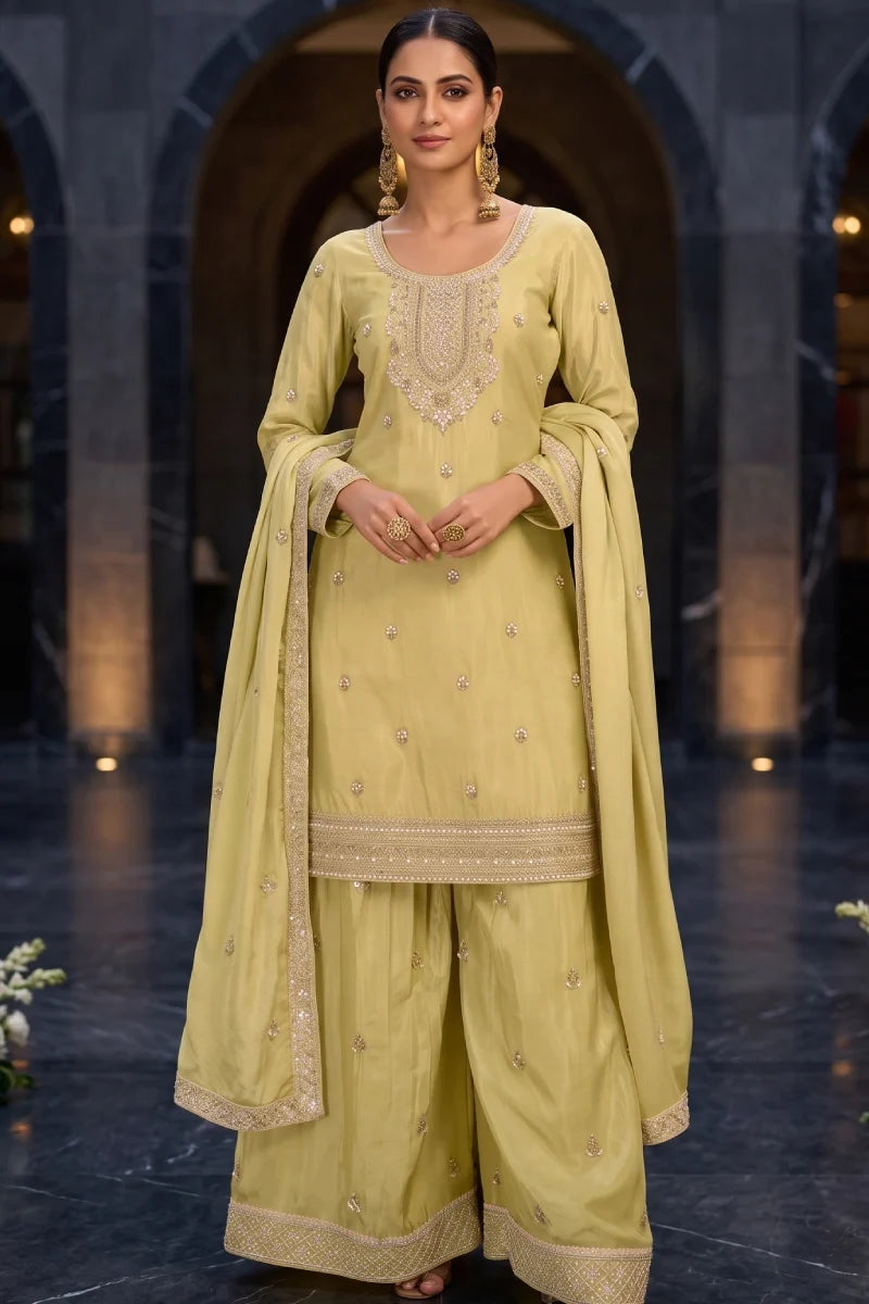 Lemon Green Chinon Hand Work Beads Palazzo Suit