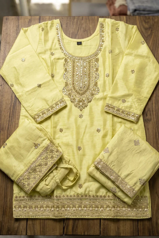 Lemon Green Chinon Hand Work Beads Palazzo Suit
