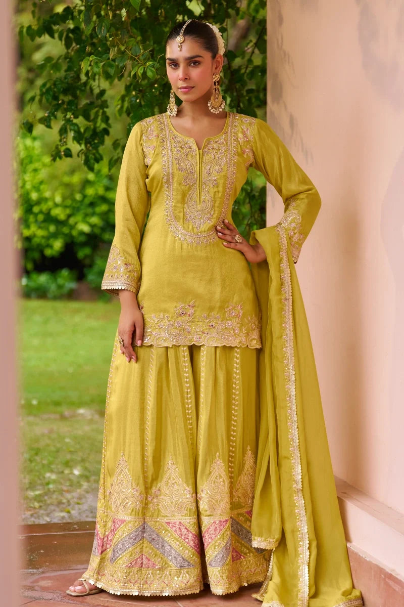 Lemon Green Heavy Embroidered Chinon Palazzo Suit with Dupatta