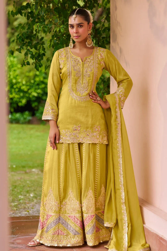 Lemon Green Heavy Embroidered Chinon Palazzo Suit with Dupatta