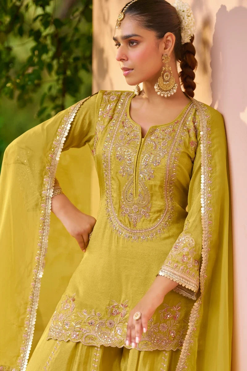Lemon Green Heavy Embroidered Chinon Palazzo Suit with Dupatta