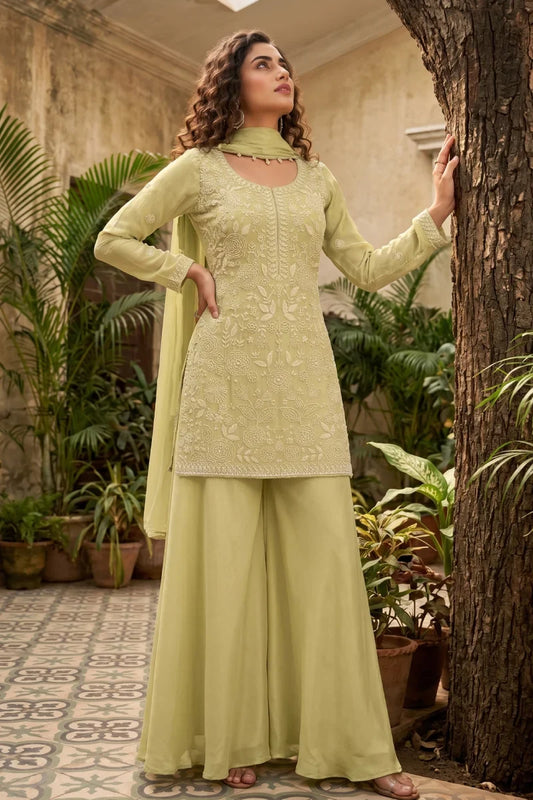 Olive Green Chinon Beads and Embroidered Palazzo Suit