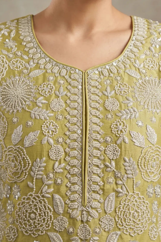 Olive Green Chinon Beads and Embroidered Palazzo Suit