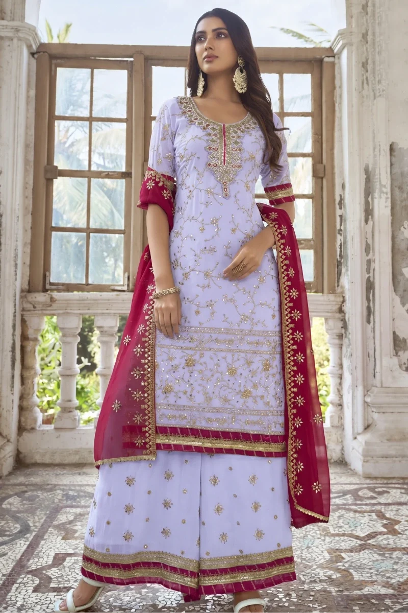 Pastel Lavendar Georgette Front & Back Embroidered Palazzo Suit