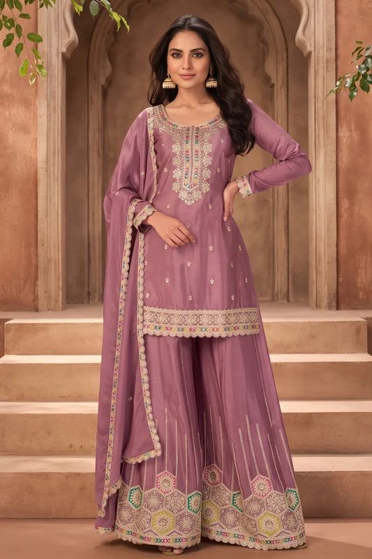 Gajari Pink Chinon Heavy Embroidered Palazzo Suit 