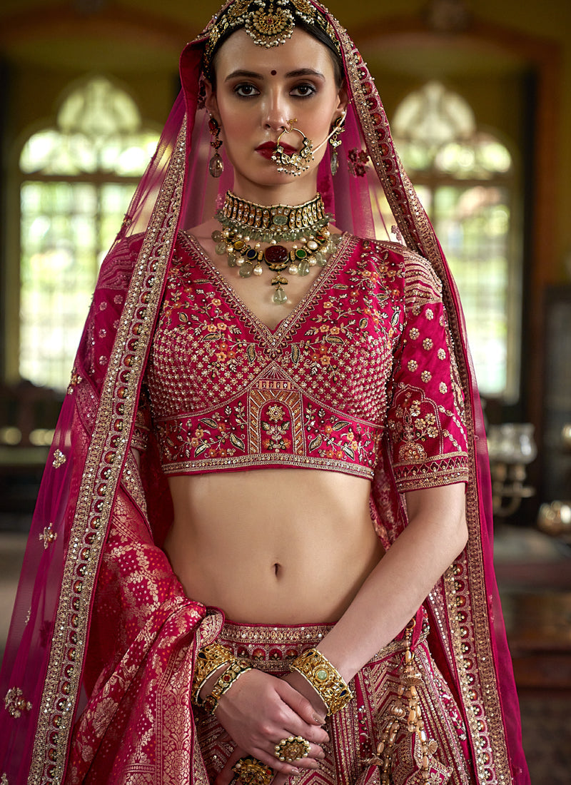 Magenta Pink Multi Silk Embroidered Wedding Lehenga Choli