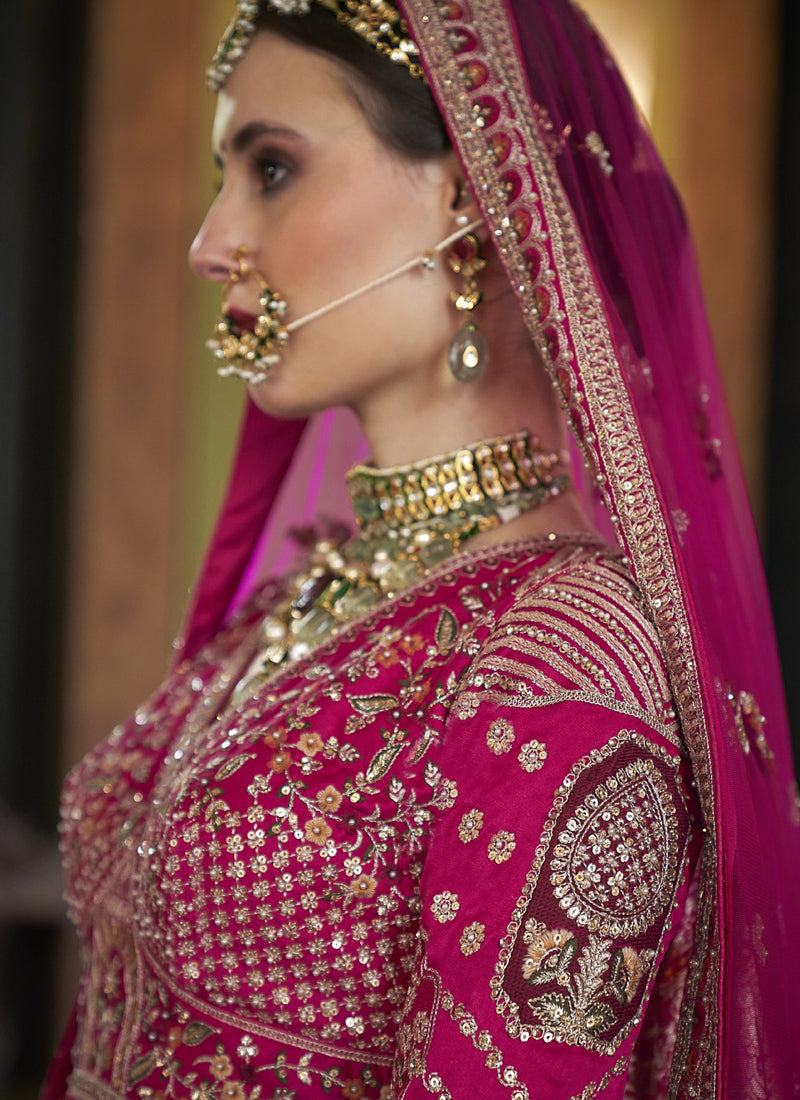 Magenta Pink Multi Silk Embroidered Wedding Lehenga Choli