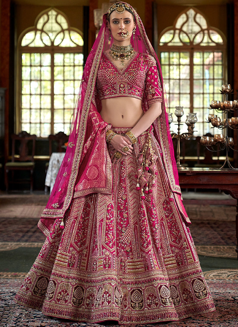 Magenta Pink Multi Silk Embroidered Wedding Lehenga Choli