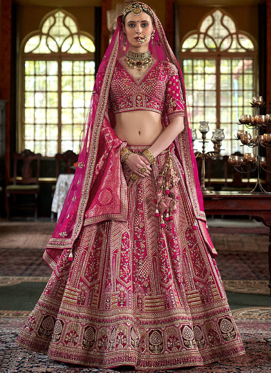 Magenta Pink Multi Silk Embroidered Wedding Lehenga Choli