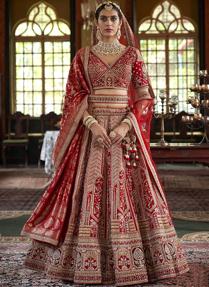 Crimson Red Multi Silk Embroidered Wedding Lehenga Choli