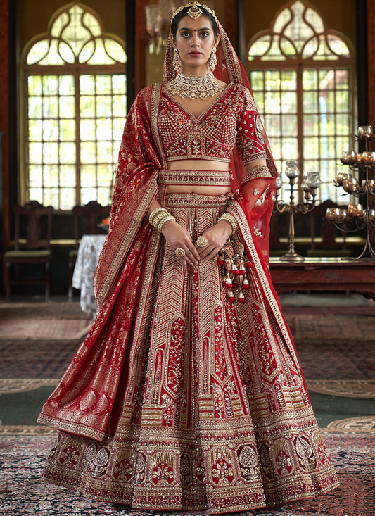 Crimson Red Multi Silk Embroidered Wedding Lehenga Choli