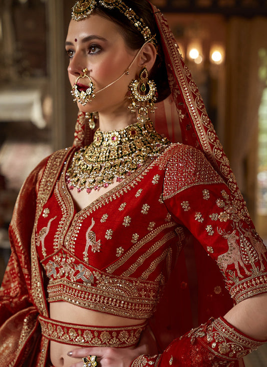 Ruby Red Silk Embroidered Wedding Lehenga Choli