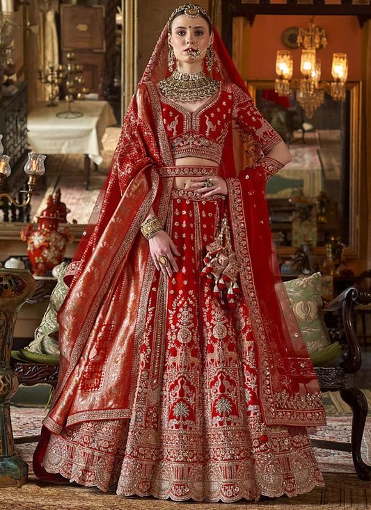 Ruby Red Silk Embroidered Wedding Lehenga Choli