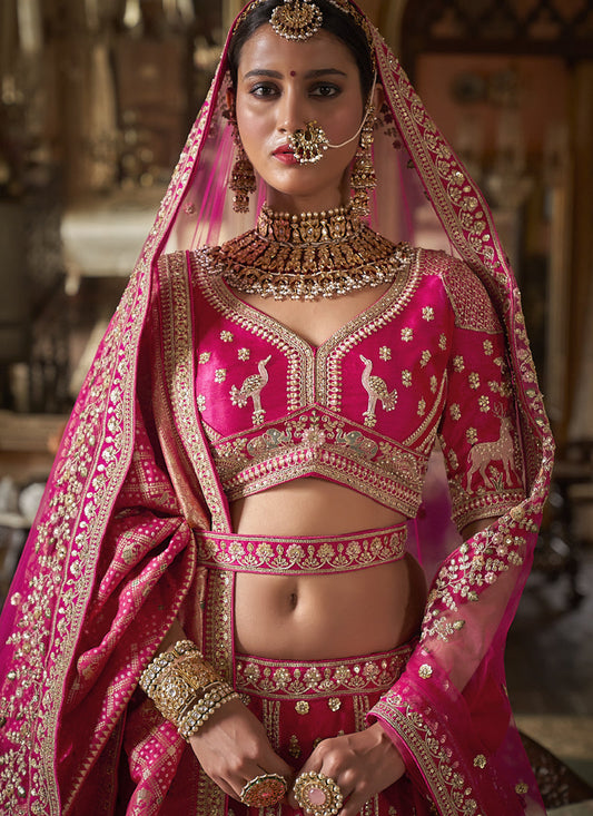 Rich Pink Silk Embroidered Wedding Lehenga Choli