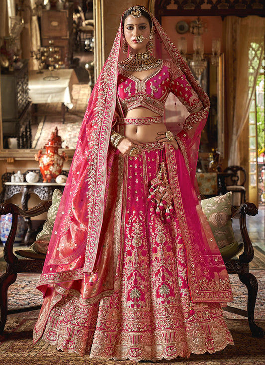 Rich Pink Silk Embroidered Wedding Lehenga Choli