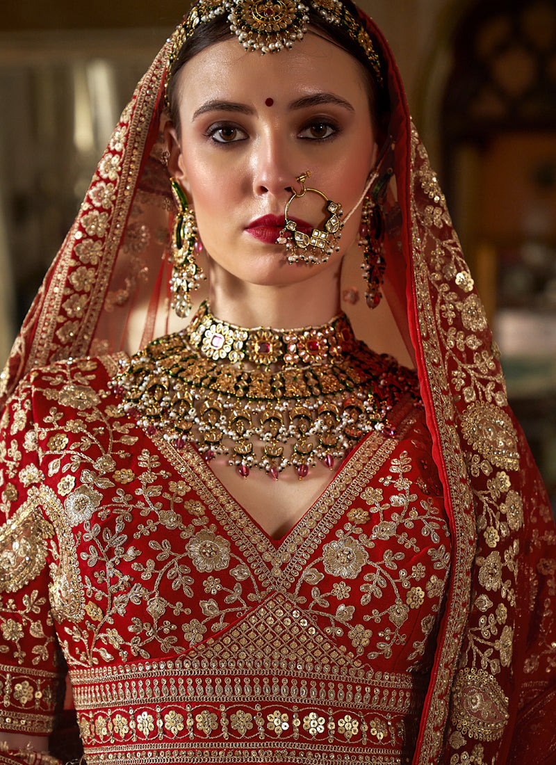 Persian Red Multi Silk Embroidered Wedding Lehenga Choli
