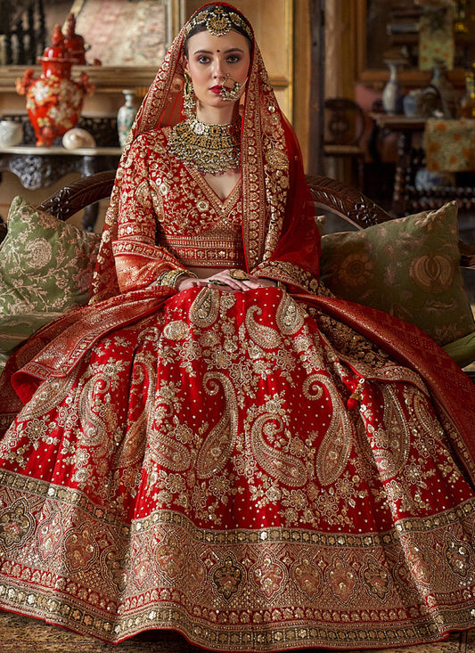 Persian Red Multi Silk Embroidered Wedding Lehenga Choli