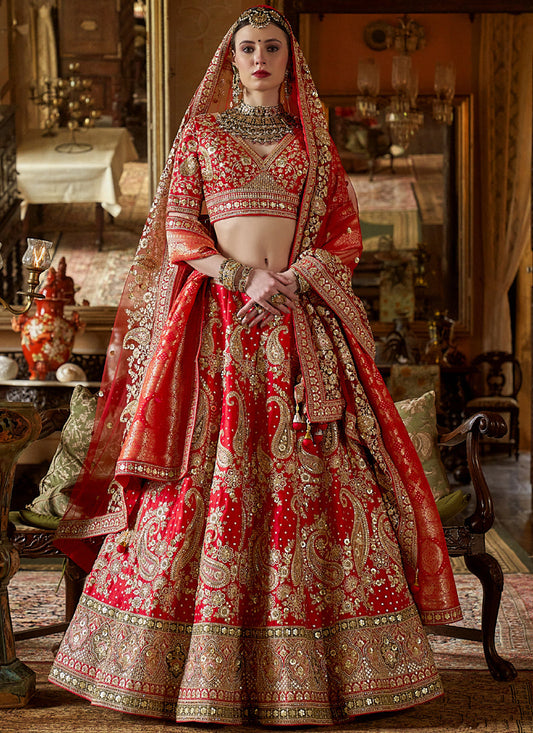 Persian Red Multi Silk Embroidered Wedding Lehenga Choli