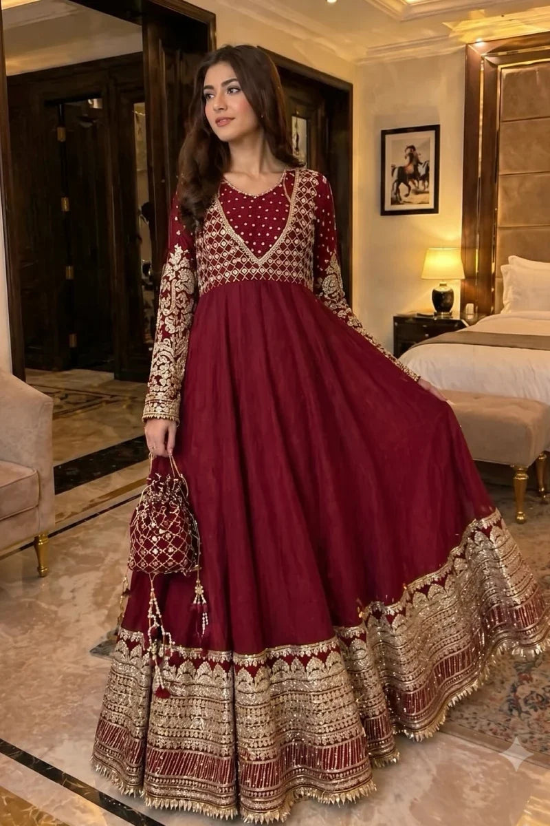 Maroon Embroidered Georgette Anarkali Suit with Dupatta
