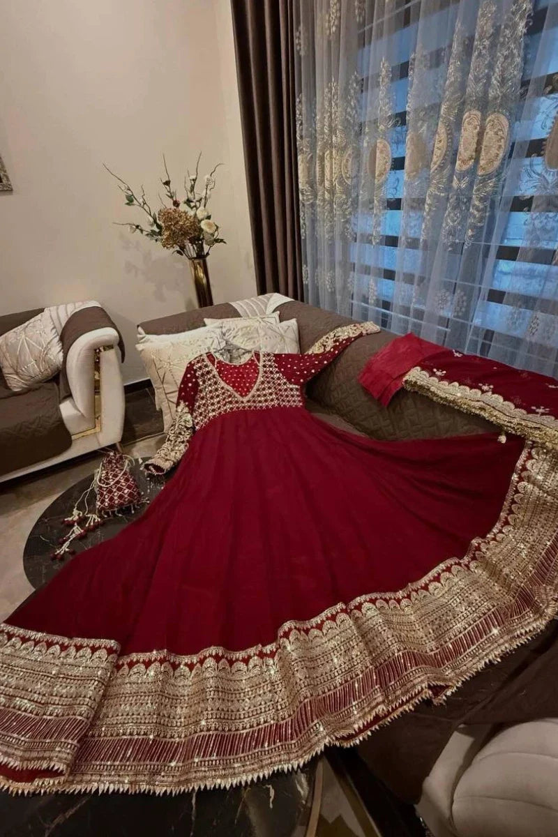 Maroon Embroidered Georgette Anarkali Suit with Dupatta