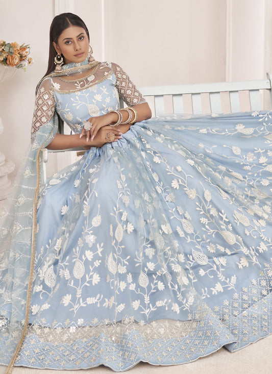Light Sky Butterfly Net Embroidered Thread Wedding Lehenga