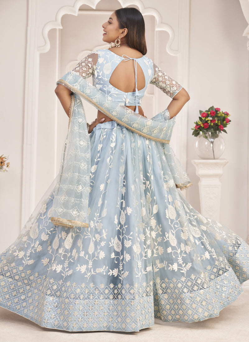 Light Sky Butterfly Net Embroidered Thread Wedding Lehenga