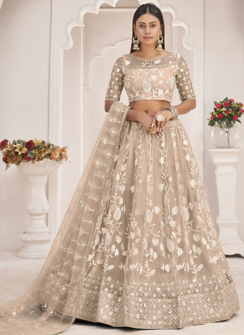 Dusty Chiku Butterfly Net Embroidered Thread Wedding Lehenga